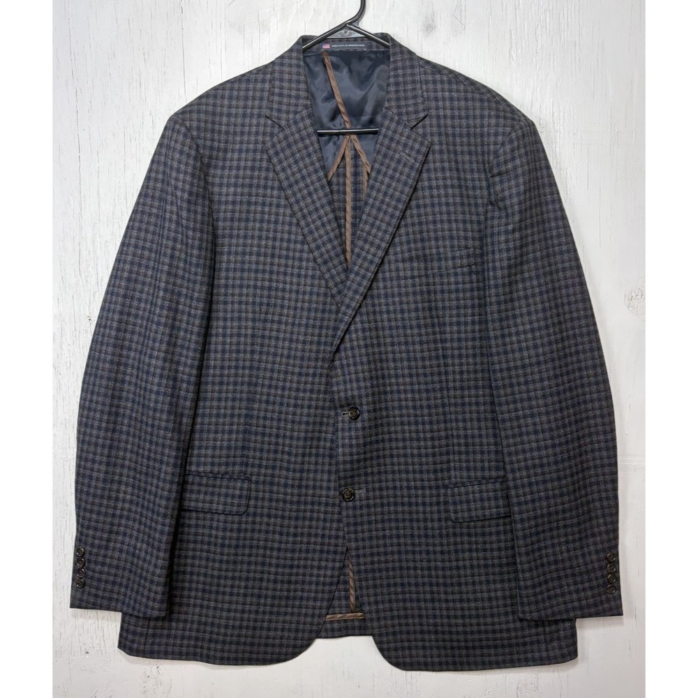Mens Hart Schaffner Marx Sport Coat Jacket Size 48L Plaid Blue Brown USA Made